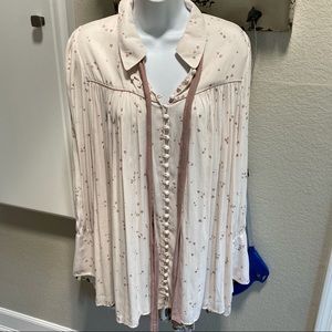 Free People Pink Long Sleeve Heart Design Top, NEW
